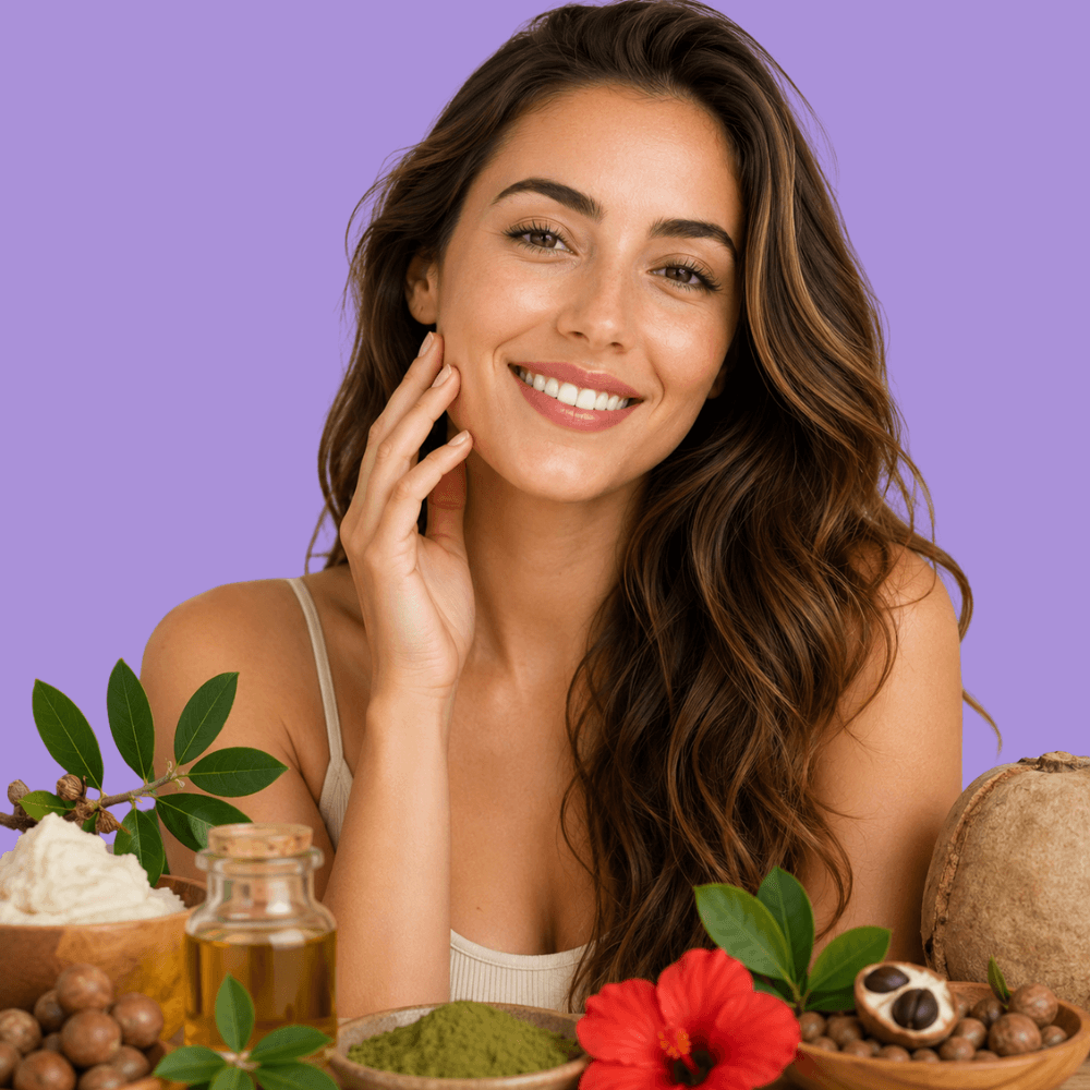 African Superfoods for Skin featuring baobab oil, moringa, shea butter, marula oil, and hibiscus for healthy, glowing skin using natural African skincare ingredients.