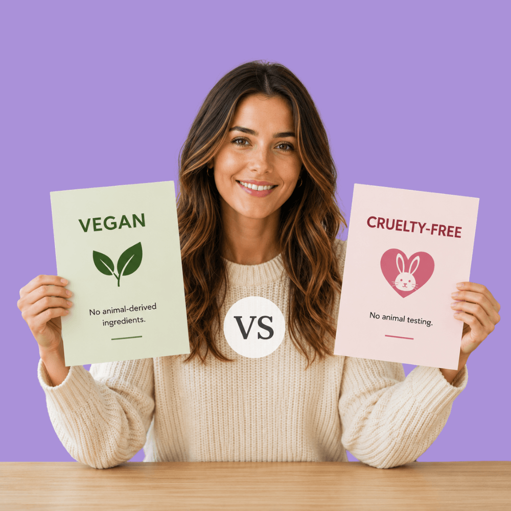 Vegan vs cruelty free skincare products showing the difference between vegan and cruelty free beauty