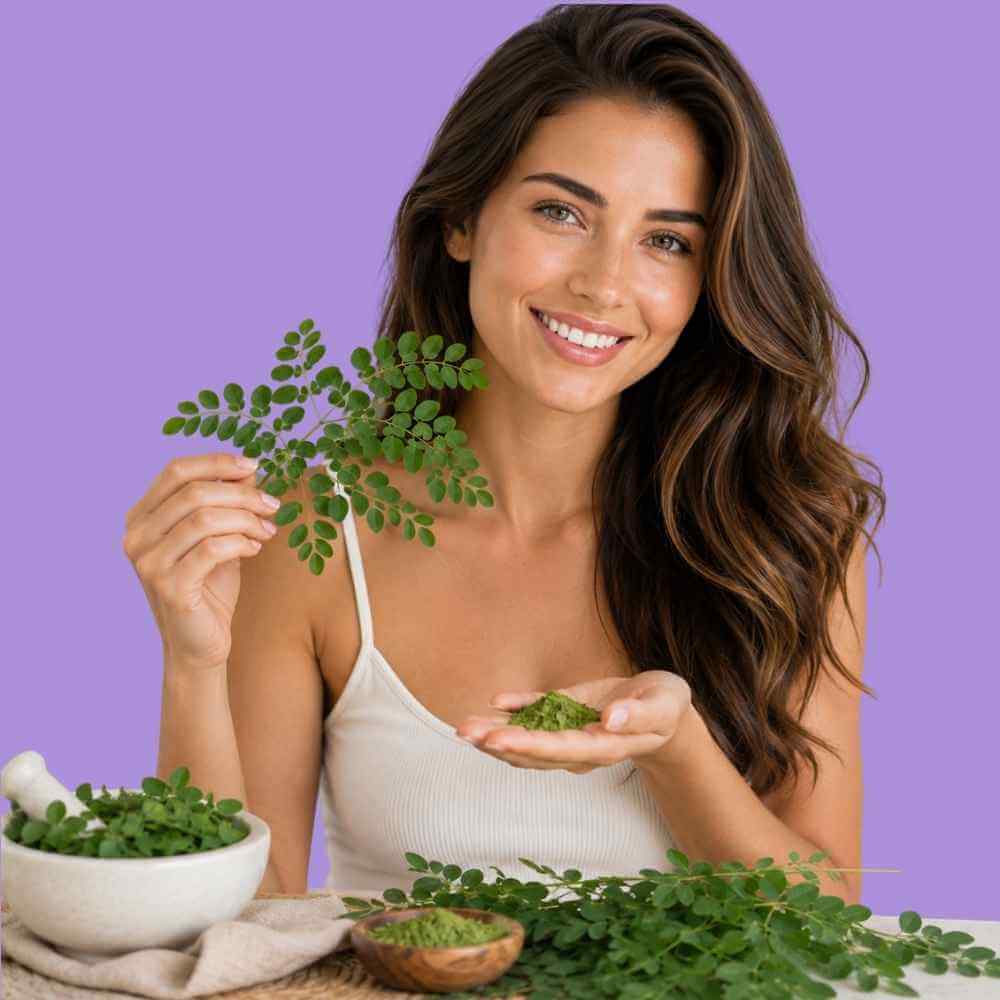 Woman holding moringa leaves, showcasing benefits of moringa for skin in her skincare routine.