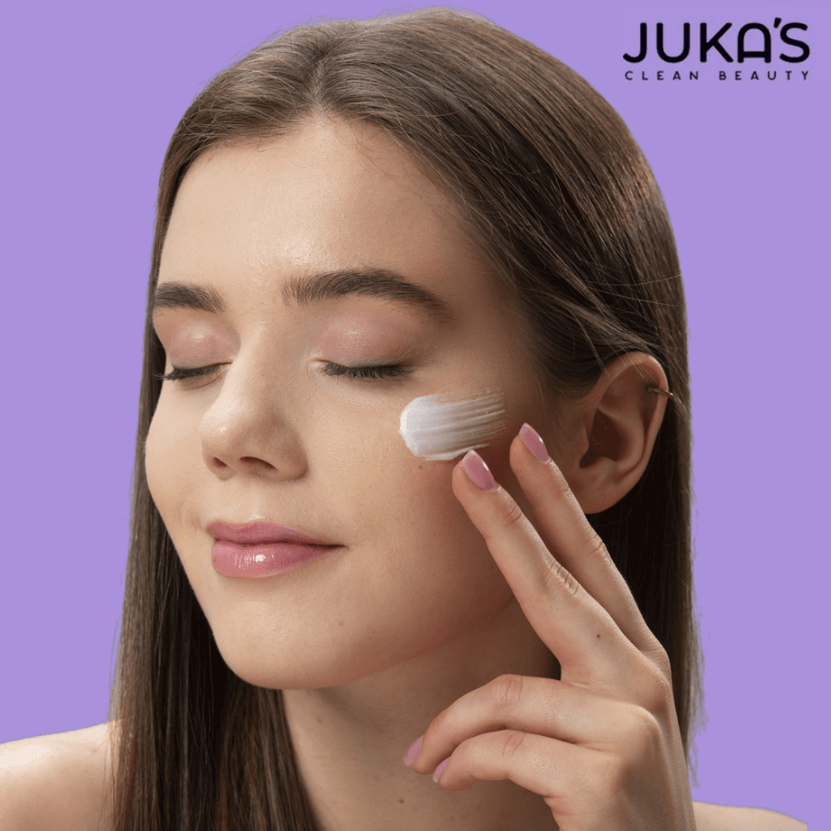 Juka's Clean Beauty Deep Cleanser applied to a woman's face for a rejuvenating skincare routine.
