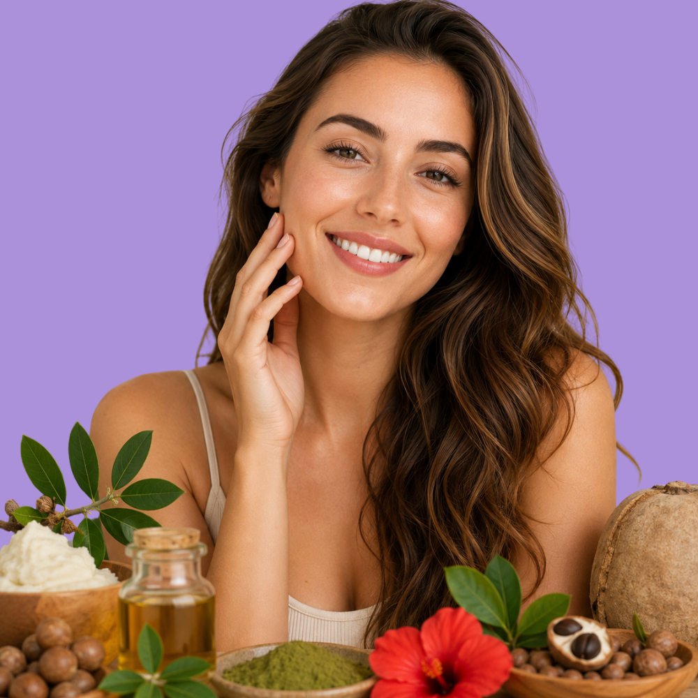 African Superfoods for Skin featuring baobab oil, moringa, shea butter, marula oil, and hibiscus for healthy, glowing skin using natural African skincare ingredients.