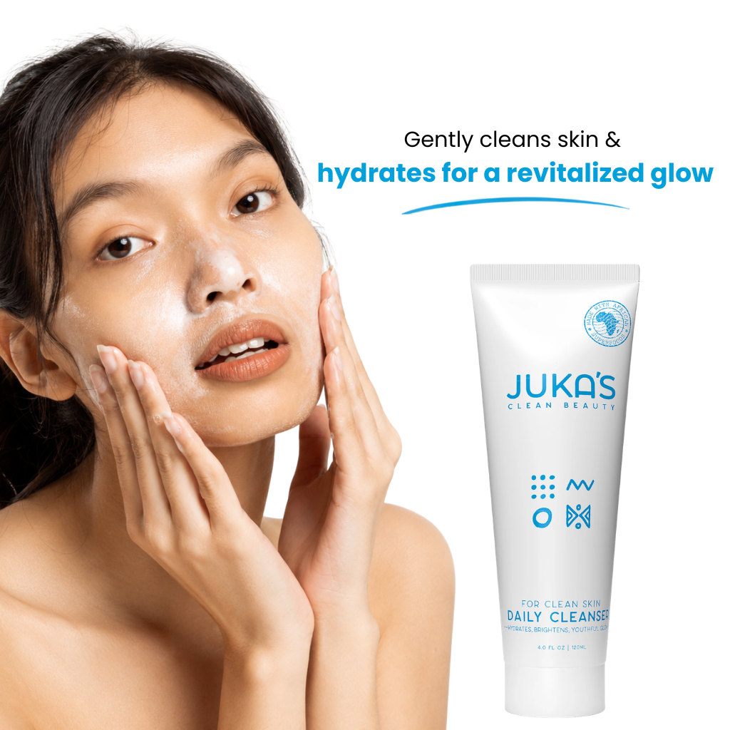Woman using JUKA'S Daily Facial Cleanser on her face