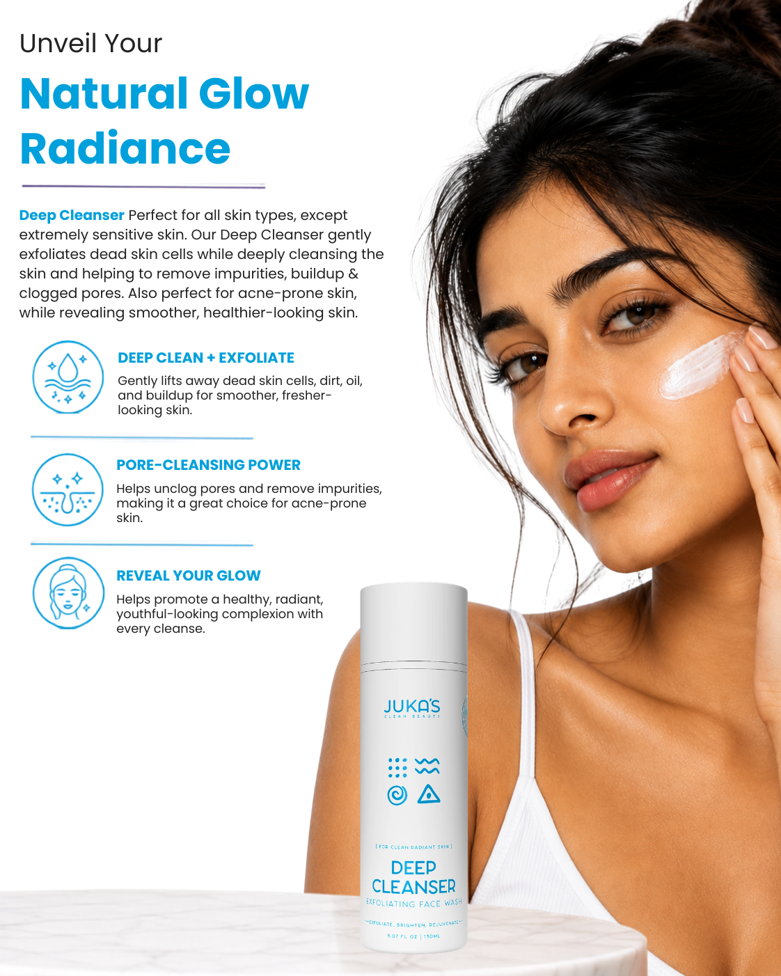 JUKA’S Deep Cleanser bottle beside hands holding a bowl of white cleanser, with text promoting a fresh, radiant glow.